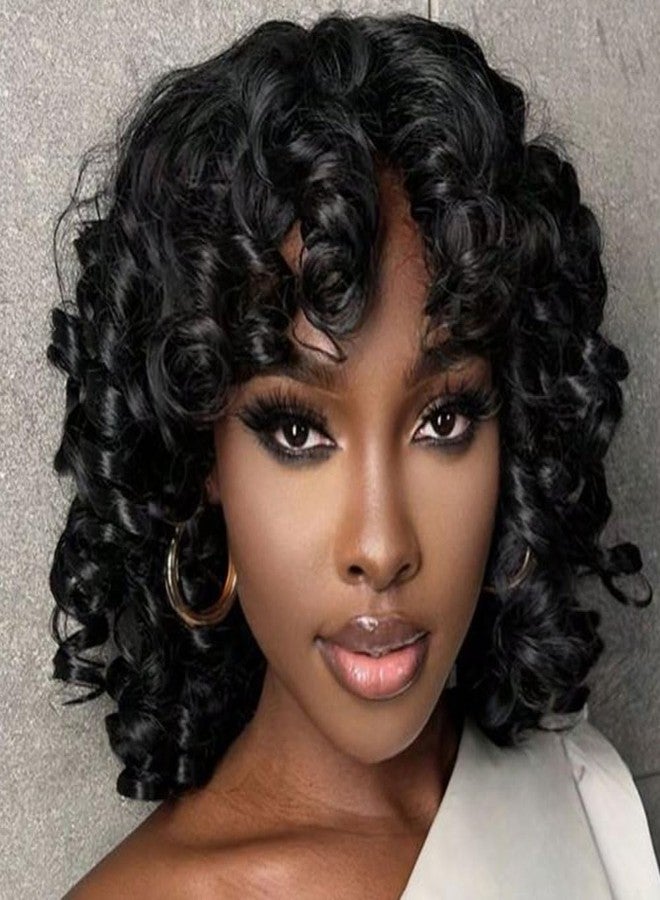 MOONSHOW Short Curly Wigs for Women - Loose Curly Wig with Bangs, Afro Curly Wig, Big Curly Hair Wig with Bangs - Synthetic Wigs for African American Women (Natural Black) - Image 1